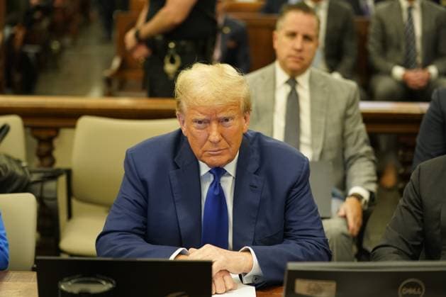 News Themen der Woche KW43 News Bilder des Tages Former President Donald Trump sits in court with his attorneys during his civil business fraud trial in New York, on Wednesday, October 25, 2023. Trump s former lawyer Michael Cohen testified against the former president at the hearing. Pool photo by Seth Wenig  WAX20231025248 SethxWenig