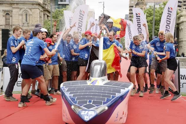 Belgium s Innoptus wins solar car contest Members of Belgian solar team Innoptus celebrate after crossing the finish line in Adelaide, South Australia, to win the 3,000-kilometer World Solar Challenge solar car race on Oct. 26, 2023.  A14AA0002059524P
