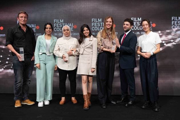 The award winners from left Actor Oliver MASUCCI International Actors Award Olfa HAMROUNI with her daughters Eya and Tayssir, Phoenix Award for the film FOUR DAUGHTERS by director Kaouther Ben Hania , director Justine TRIET Film Award Cologne , director Xavier DOLAN, The Hollywood Reporter Award , Katharina HUB