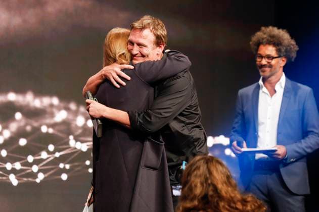 Gabriela Sperl, Oliver Masucci and Tyron Ricketts at the Cologne Awards ceremony at the 33 Film Festival Cologne 2023 at E Werk Cologne, 26 10 2023. Foto:xR.xSchmiegeltx xFuturexImagex cologne_awards_3202