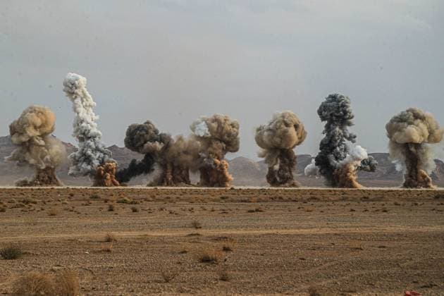 October 27, 2023, Nasr Abad, Isfahan, Iran: Targets explode during a ground force drill. Amid rising tension in the Middle East due to the ongoing Israel-Hamas conflict, the Iranian army announced on 27 October the beginning of a massive military exercise in the central region of the country to assess combat capabilities and test new weaponry. Nasr Abad Iran - ZUMAi98_ 20231027_zih_i98_027 Copyright: xIranianxArmyxOfficex