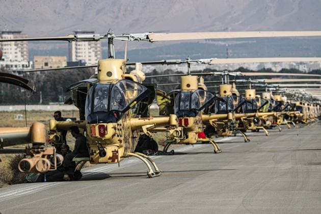 October 27, 2023, Nasr Abad, Isfahan, Iran: Military helicopters before a ground force drill. Amid rising tension in the Middle East due to the ongoing Israel-Hamas conflict, the Iranian army announced on 27 October the beginning of a massive military exercise in the central region of the country to assess combat capabilities and test new weaponry. Nasr Abad Iran - ZUMAi98_ 20231027_zih_i98_036 Copyright: xIranianxArmyxOfficex