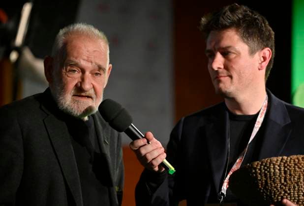 Closing ceremony of the 27th International Documentary Film Festival Ji.hlava, was held in Jihlava, Czech Republic, on October 23, 2023. The award for contribution to world cinema was presented to Hungarian director Bela Tarr (left) by festival president Marek Hovorka (right). (CTKxPhoto LubosxPavlicek) CTKPhotoP2023102806365  CTKPhotoP2023102806365