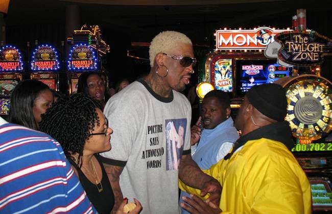 EXCLUSIVE: Dennis Rodman at Palms Casino 13960, LAS VEGAS, NEVADA - February 20 2006. EXCLUSIVE: Denis Rodman is mobbed by fans as he parties at The Palms Casino in Las Vegas. Photograph: Preston Warner pacificcoastnews.com UK OFFICE: +44 131 225 3333 3322 US OFFICE: 1 310 261 9676, Credit:Preston Warner Avalon USA  Copyright: xPrestonxWarnerx xAvalonx 0520141276