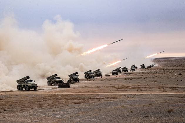 October 28, 2023, Nasr Abad, Isfahan, Iran: Missiles are being launched during a ground force drill. Amid rising tension in the Middle East due to the ongoing Israel-Hamas conflict, the Iranian army announced on October 27th the beginning of a massive military exercise in the central region of the country to assess combat capabilities and test new weaponry. Nasr Abad Iran - ZUMAi98_ 20231028_zih_i98_001 Copyright: xIranianxArmyxOfficex