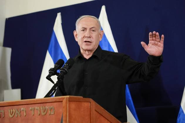 (231029) -- TEL AVIV, Oct. 29, 2023 -- Israeli Prime Minister Benjamin Netanyahu attends a press conference in Tel Aviv, Israel on Oct. 28, 2023. Israeli Prime Minister Benjamin Netanyahu said on Saturday that the country s war cabinet and political cabinet unanimously decided to expand the ground operation in the Gaza Strip. Meanwhile, regional countries warned Israel against further ground operations. TO GO WITH Roundup: Israel heads into 2nd stage of war, regional countries warn against further ground operations ( JINI via Xinhua) (FOCUS)MIDEAST-PALESTINIAN-ISRAELI CONFLICT-2ND STAGE OF WAR DanaxKopel 