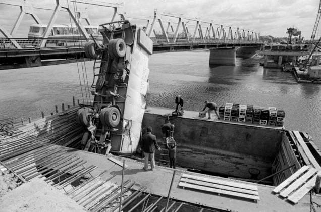 Novgorod, USSR. The picture shows the refrigerator truck driven by an intoxicated driver S. Lagul after falling from a bridge under construction across the Maly Volkhovets River. The driver who received a closed fracture was taken to the hospital. Alexander Ovchinnikov TASS  17940980