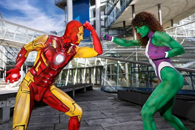 From the FARBKÖRPER calendar 2024 Geek Art Bodypainting and Transformaking She Hulk and Iron Man Photoshooting with Lena as She Hulk and Patrick as Iron Man at the Aegi in Hanover A project of the photographer Tschiponnique Skupin and the Bodypainter and Transformaker Enrico Lein Foto:xT.xSkupinx xFuturexImagex farbkoerper_kalender_3012