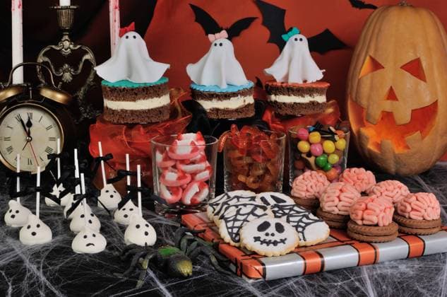 A variety of sweets on the table in honor of Halloween , 16799236.jpg, Food, Halloween, sweets, candy, cookies, cake, meringue, marzipan, jelly, candy, spider webs, pumpkins, decorations, glass, jaw, worms, ghosts, Celebration, Snack, Portion, bite, Buffet, elevenses, nosh, smorgasbord, refreshments, setout, RECORD DATE NOT STATED