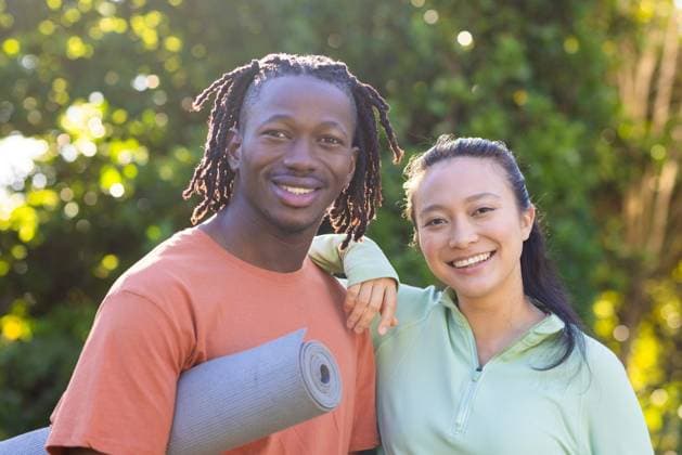 Portrait of happy diverse couple holding yoga mat smiling in sunny garden Portrait of happy diverse couple holding yoga mat smiling in sunny garden. Relationship, yoga, fitness, free time, relaxation, nature and heathy lifestyle, unaltered., model released, , property released, Cape Town, South Africa, 27.09.2023, 4215837.jpg, people,portrait,happy,diverse,couple,holding,yoga mat,smiling,sunny,garden,relationship,fitness,free time,relaxation,nature,heathy,lifestyle,unaltered,young,adult,person,beautiful,summer,happiness,cheerful,attractive,leisure,together,fun,smile,beauty,outdoor,exercise,cute,healthy,pretty,sport,yoga,mat,free,time Young Adult,Woman,Female,Asian,Other,Man,Male,Black