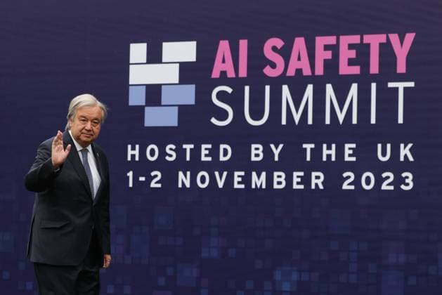 Bilder des Jahres 2023, News 11 November News Themen der Woche KW44 News Bilder des Tages (231103) -- BLETCHLEY PARK, Nov. 3, 2023 -- UN Secretary-General Antonio Guterres attends AI Safety Summit in Bletchley Park, Britain, Nov. 2, 2023. A declaration on artificial intelligence (AI) safety was issued during the summit here. Under the declaration, 28 countries and the European Union (EU) agreed on the need for a new global effort to ensure AI is developed and used in a safe and responsible way. ( Handout via Xinhua) BRITAIN-BLETCHLEY PARK-AI SAFETY-DECLARATION SimonxDawson Nox10xDowningxStreet 