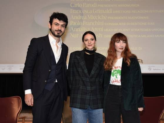 Milan, Italy MILANO MUSIC WEEK 2023 event presentation with Francesca Michielin and Nur Al Habash artistic director of MILANO MUSIC WEEK with institutions and sponsors In the photo: Tommaso Sacchia, Councilor for Culture, Municipality of Milan, Al Habash artistic director of MILANO MUSIC WEEK, Francesca Michielin singer  Copyright: x xipa-agency.netx xNickxZonnax IPA_Agency_IPA41451500