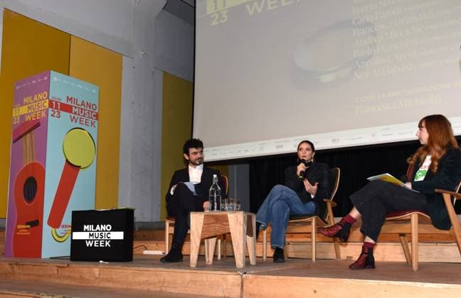 Milan, Italy MILANO MUSIC WEEK 2023 event presentation with Francesca Michielin and Nur Al Habash artistic director of MILANO MUSIC WEEK with institutions and sponsors In the photo: Tommaso Sacchia, Councilor for Culture, Municipality of Milan, Al Habash artistic director of MILANO MUSIC WEEK, Francesca Michielin singer  Copyright: x xipa-agency.netx xNickxZonnax IPA_Agency_IPA41451531