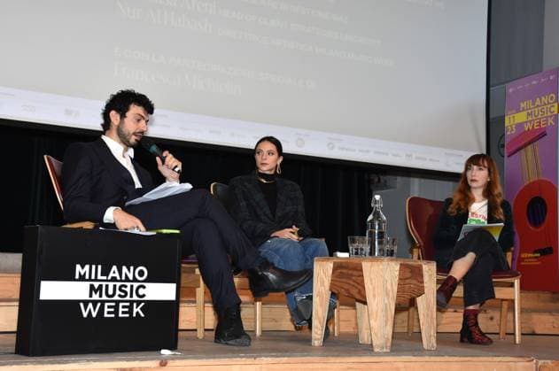 Milan, Italy MILANO MUSIC WEEK 2023 event presentation with Francesca Michielin and Nur Al Habash artistic director of MILANO MUSIC WEEK with institutions and sponsors In the photo: Tommaso Sacchia, Councilor for Culture, Municipality of Milan, Al Habash artistic director of MILANO MUSIC WEEK, Francesca Michielin singer  Copyright: x xipa-agency.netx xNickxZonnax IPA_Agency_IPA41451533