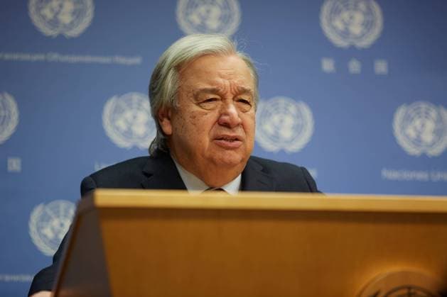 November 6, 2023, New York, New York, USA: UN Secretary-General AntoÂ³nio Guterres delivers remarks on the situation in Gaza to the press at the noon day briefing New York USA - ZUMAs237 20231106_aap_s237_017 Copyright: xMarkxJ.xSullivanx