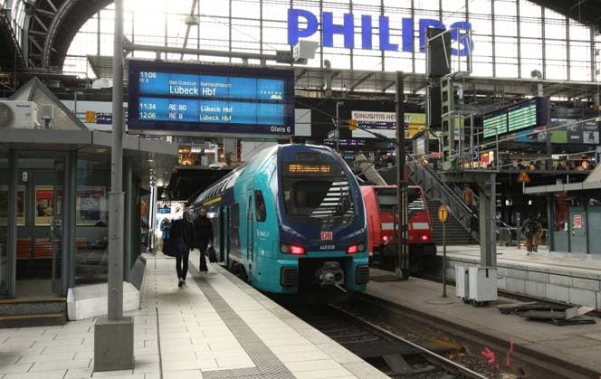 A Deutsche Bahn regional train heading for Lübeck is stationed at Hamburg St Georg Hamburg main station