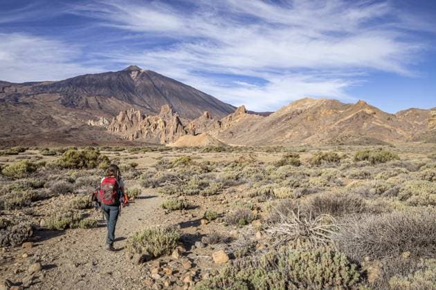  Wanderin auf dem Weg zum Berg Teide, El Teide, Pico del Teide, Vulkan im Teide Nationalpark auf Teneriffa, Kanarische Inseln, Spanien, Europa *** Hiker at the Path to mountain Teide, El Teide, Pico Del Teide, Volcano at Teide National Park at Tenerife, Canary Islands Islands, Spain, Europe Copyright: imageBROKER/alimdix/xArterrax/xJonathanxVandevoorde ibltsm09825727.jpg