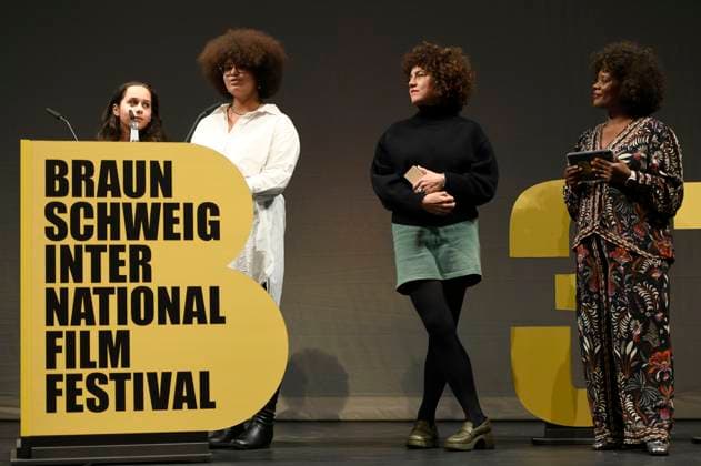 Sara Nouri, Sarah Brahim, Kinama award winner Angela Ottobah and Denise M Baye at the award ceremony of the 37 Braunschweig International Film Festival in the main auditorium of the Braunschweig State Theater Braunschweig, 11 11 2023 Foto:xC.xNiehausx xFuturexImagex biff_3122