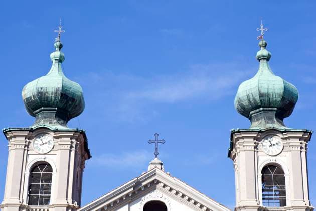 Bell tower, St. Ignatius church in Gorizia - Italy , 3666099.jpg, St. Ignatius, St. Ignatius cathedral, St. Ignatius church, Gorizia, bell tower, cathedral, church, cupola, town homes, religion, spirituality, oxidized bronze, green, old, religious architecture, ancient, RECORD DATE NOT STATED