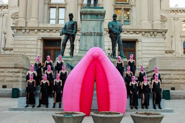 Pussy Riot films a music video to protest Indiana’s near total abortion ban in Indianapolis, USA - 14 Nov 2023 Russian activist group Pussy Riot films a music video for a song titled, God Save Abortion, to protest Indiana’s near total abortion ban, on the steps of the Indiana Statehouse in Indianapolis. Nadya Tolokonnikova, a founder of Pussy Riot, who is wanted by the Russian government, directed the filming. Indianapolis United States Copyright: xJeremyxHoganx xSOPAxImagesx 111423_JRH_PussyRiotIN_0175