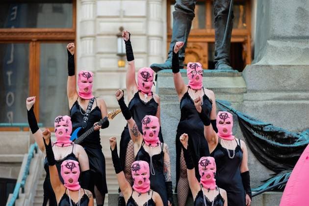 Pussy Riot films a music video to protest Indiana’s near total abortion ban in Indianapolis, USA - 14 Nov 2023 Russian activist group Pussy Riot films a music video for a song titled, God Save Abortion, to protest Indiana’s near total abortion ban, on the steps of the Indiana Statehouse in Indianapolis. Nadya Tolokonnikova, a founder of Pussy Riot, who is wanted by the Russian government, directed the filming. Indianapolis United States Copyright: xJeremyxHoganx xSOPAxImagesx 111423_JRH_PussyRiotIN_0732