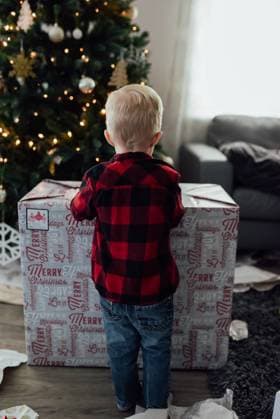 Rear view of little boy opening present in front of Christmas tr United States, North Dakota, Bismarck CR_KIFR231113-1286905-01 ,model released, Symbolfoto