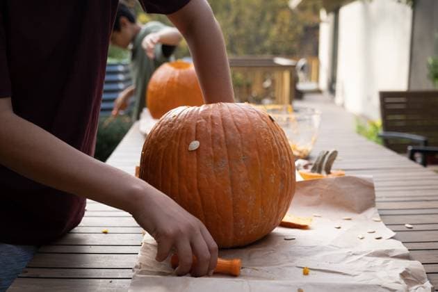 IMAGO Creative, Jahreszeit Herbst, Ferien Boys carving orange pumpkins on outdoor table before Halloween. Washington, District of Columbia, United States R_YWPB231114-1282472-01 ,model released, Symbolfoto
