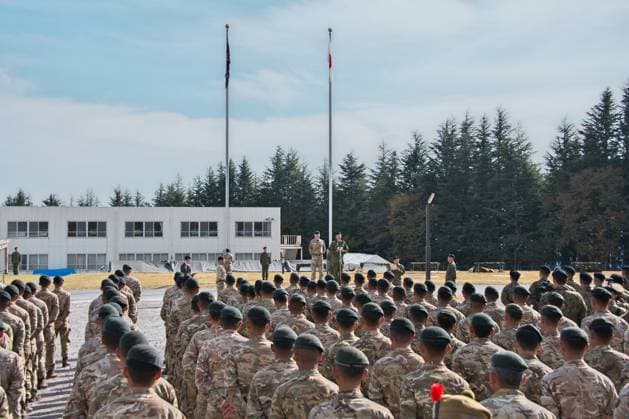 Members of the Japan Ground Self-Defense Force and British Army attend the opening ceremony for Japan Ground Self-Defense Force and British Army joint military exercise Vigilant Isles 23 at Somagahara Maneuver Area in Gunma-Prefecture, Japan on Wednesday, November 15, 2023.  TKP2023111507 KEIZOxMORI