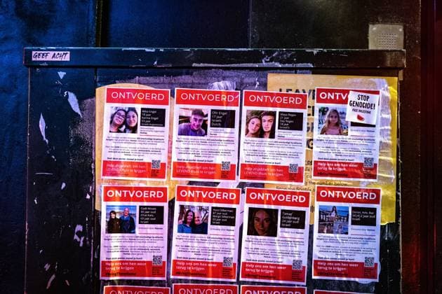 AMSTERDAM - Stickers of hostage Israeli children have been placed near the Melkweg. The Melkweg is hosting a benefit evening for child victims of war violence. The event raises money for the Save The Children organization, which now works for children in Israel and Gaza. ANP RAMON VAN FLYMEN netherlands out - belgium out  Copyright: xx x483964296x originalFilename: 483964296.jpg
