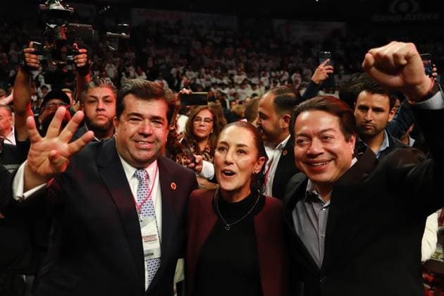 XV Congress of the Autonomous Confederation of Workers and Employees of Mexico November 15, 2023 in Mexico City, Mexico: The Transformation Defense Coordinator, Claudia Sheinbaum Pardo, Senator Pedro Haces and Mario Delgado, national president of Morena attend the XV Congress of the Autonomous Confederation of Workers and Employees of Mexico (CATEM), at the Mexico City Arena. On November 15, 2023. In Mexico City. (Photo by Carlos Santiago Eyepix Group) Copyright: xCarlosxSantiagox xEyepixxGroupx CS202311158202