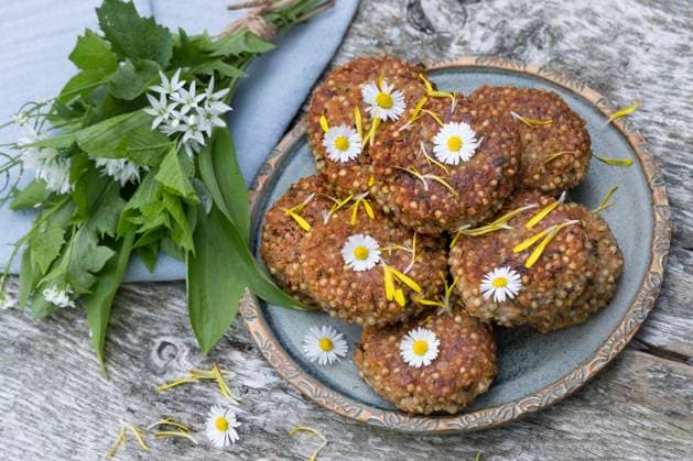 selbstgemachte Kraeuterbratlinge mit Baerlauch auf einem Teller, dekoriert mit Gaensebluemchen selfmade herb patties with wild garlic on a plate, decorated with daisies BLWS698282 *** Homemade Herb patties with Baerlauch at a Plate, decorated with Goosebumps selfmade Herb PATTIES With Wild garlic ON a plate, decorated With daisies BLWS698282 Copyright: xblickwinkel F.xHeckerx