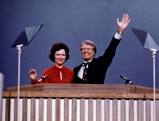 ROSALYNN CARTER (August 18, 1927 - November 19, 2023) was an American writer and activist, who served as the first lady of the United States from 1977 to 1981, as the wife of President Jimmy Carter. For the decades she was in public service, she was a leading advocate for numerous causes, including mental health. FILE PHOTO SHOT ON: July 15, 1976, New York, New York, USA: Georgia Governor JIMMY CARTER, the 1976 Democratic Party nominee for President of the United States, right, and his wife ROSALYNN CARTER, left, acknowledge the cheers of the delegates following their acceptance speeches at the 1976 Democratic Convention at Madison Square Garden. New York USA - ZUMAs152 19760715_mda_s152_007 Copyright: xArniexSachsx