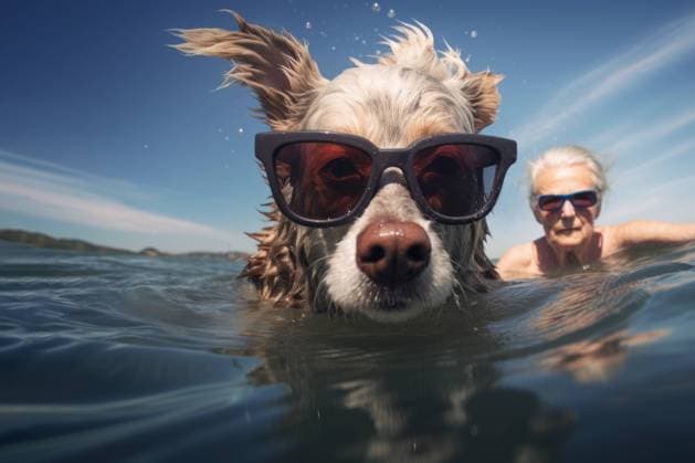 PR_ID17532_5444_AiPr151023-301023Pets.jpg AI Generated Image of cute adorable dog with sunglasses looking at camera while swimming in a pond near his elderly owner, Property released Model Released Zhenikeyev_ID17532_531480_001 Copyright: xZhenikeyevx RECORD DATE NOT STATED