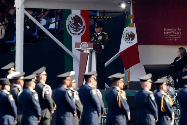 November 20, 2023, Mexico City, Mexico: Secretary of National Defense, Luis Crescencio Sandoval in his message at the Civic Military Parade for the 113th anniversary of the Mexican Revolution in the Zocalo square in Mexico City. on November 20, 2023 in Mexico City, Mexico Mexico City Mexico - ZUMAe321 20231120_zia_e321_001 Copyright: xLuisxBarronx