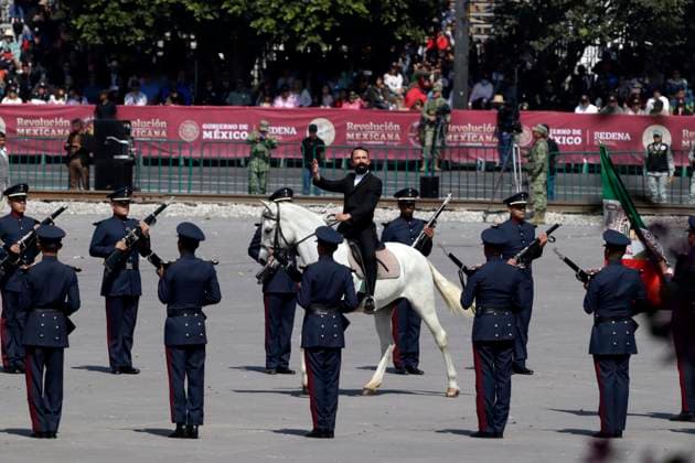 November 20, 2023, Mexico City, Mexico: Military personnel participate in costumes in the representations of scenes from the Mexican Revolution in the Zocalo square in Mexico City. on November 20, 2023 in Mexico City, Mexico Mexico City Mexico - ZUMAe321 20231120_zia_e321_015 Copyright: xLuisxBarronx