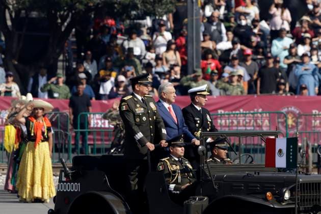 November 20, 2023, Mexico City, Mexico: The president of Mexico, Andres Manuel Lopez Obrador, accompanied by the secretaries of the National Defense, Luis Crescencio Sandoval and of the Navy, Jose Rafael Ojeda Duran, presides over the Civic Military Parade for the 113th anniversary of the beginning of the Mexican Revolution in the Zocalo square in Mexico City. on November 20, 2023 in Mexico City, Mexico Mexico City Mexico - ZUMAe321 20231120_zia_e321_049 Copyright: xLuisxBarronx