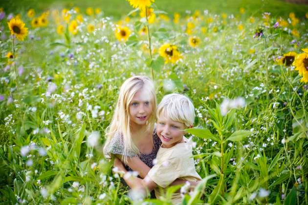 Happy brother and sister in sunflower field model released, Symbolfoto, NJAF00601