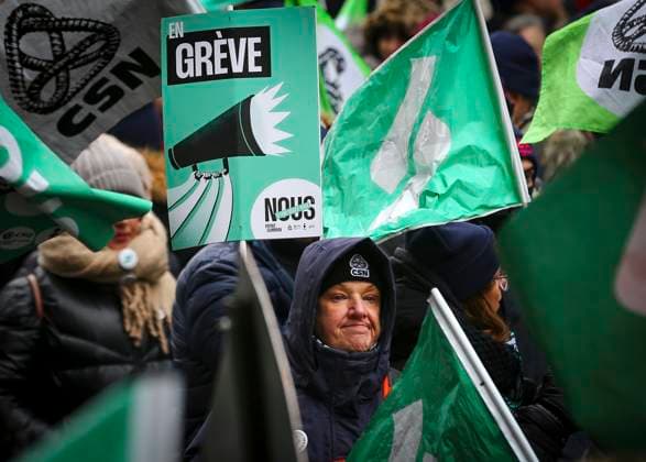November 23, 2023, Montreal, Quebec, Canada: Four unions known by their initials -- CSQ, CSN, APTS and FTQ -- have formed what they call a common front and are striking together. They represent some 420,000 members in the health, education and social services sectors. In addition to the common front, the FAE, representing about 66,000 elementary and secondary school teachers, launched an unlimited general strike on Thursday. Montreal Canada - ZUMAs278 20231123_zip_s278_009 Copyright: xSerkanxSenturkx