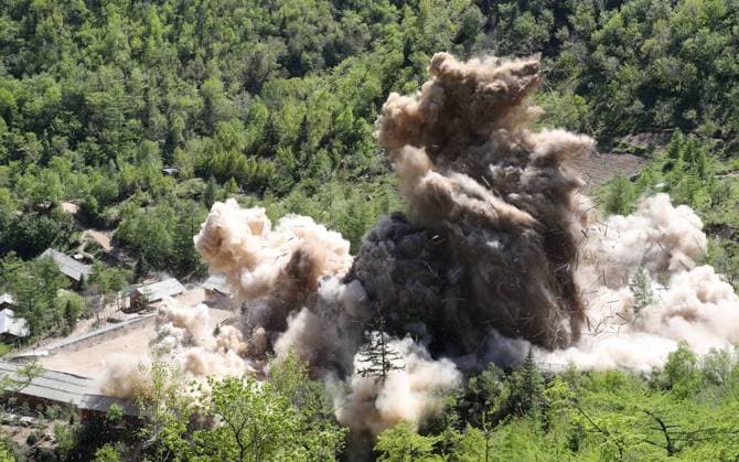 N.K. dismantles nuclear test site N.K. dismantles nuclear test site The Tunnel No. 4 at North Korea s only known nuclear test site Punggye-ri is blown up on May 24, 2018, during the dismantlement of the site in this press pool photo. North Korean officials said this particular tunnel was built for the most powerful nuclear tests. The site was demolished in a series of explosions over several hours on the day with press members from South Korea, China, Russia, the United States and Britain covering the process carried out in Kilju County of North Hamgyong Province in the country s northeast. The North s Korean Central News Agency said tunnels, all kinds of equipment, the control tower and a research institute at the site were dismantled. (Yo  Copyright: xx PYH2018052502310032000 YonhapxNewsx yonphotos134357
