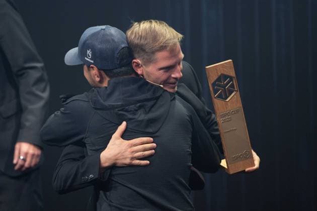 Sebastian STEUDTNER, big wave surfer, presents the ISPO Award to mountaineer Nirmal PURJA, German Sustainability Award ceremony in Duesseldorf on 24 11 2023