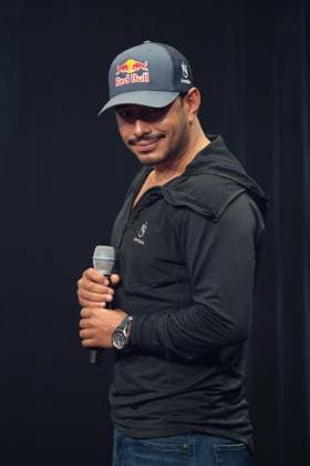 Mountaineer Nirmal PURJA, speaks words of thanks, receives the ISPO Award, German Sustainability Award ceremony in Duesseldorf on 24 11 2023