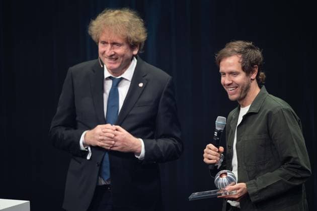 Prof. Michael BRAUNGART presents the German Sustainability Award to Sebastian VETTEL, German Sustainability Award ceremony in Duesseldorf on 24 11 2023