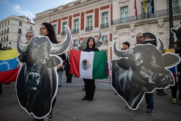 November 27, 2023, Madrid, Spain: An anti-bullfighting activist holds a flag of Mexico, a country with bullfighting culture, during a protest in front of the presidency building of the Community of Madrid. Activists from the International Anti-Bullfighting Network, with giant bull and horse heads, carry out a protest performance for the abolition of bullfighting, in the center of Madrid. Madrid Spain - ZUMAs197 20231127_aaa_s197_057 Copyright: xDavidxCanalesx