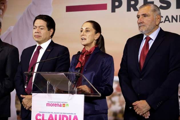 Claudia Sheinbaum, presidential candidate of Mexico, presents her team November 27, 2023, Mexico City, Mexico: The sole candidate for the presidency of Mexico for the coalition of the National Regeneration Movement parties, the Labor Party and the Green Party, Claudia Sheinbaum presented her team made up of Mario Delgado, Ricardo Monreal, Esthela Damian, Citlalli Hernandez, Tatiana Clouthier, Gerardo Fernandez Norona, Regina Orozco, Renata Turrent, Jesus Valdes and Adan Augusto Lopez at the press conference at the Courtyard Revolucion Hotel in Mexico City. on November 27, 2023 in Mexico City, Mexico (Photo by Luis Barron Eyepix Group). Copyright: xLuisxBarronx xEyepixxGroupx LB_20231127_SHEINBAUM5