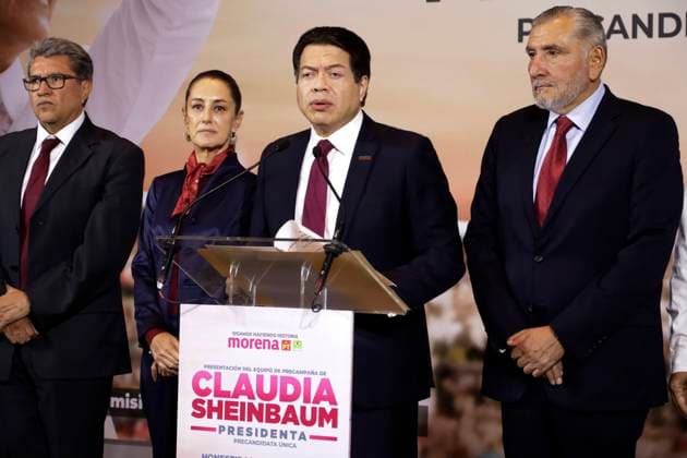 Claudia Sheinbaum, presidential candidate of Mexico, presents her team November 27, 2023, Mexico City, Mexico: Mario Delgado was appointed as coordinator of the pre-campaign of the sole pre-candidate for the presidency of Mexico by the coalition of the National Regeneration Movement, Labor Party and Green Party, Claudia Sheinbaum Pardo in the press conference at the Courtyard Revolucion Hotel in Mexico City. on November 27, 2023 in Mexico City, Mexico (Photo by Luis Barron Eyepix Group). Copyright: xLuisxBarronx xEyepixxGroupx LB_20231127_SHEINBAUM22