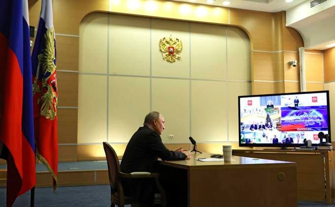 November 28, 2023, Sochi, Krasnodar Krai, Russia: Russian President Vladimir Putin, left, listens via videoconference, to the plenary session of the World Russian PeopleÃ¢â‚¬â ¢s Council from his Black Sea residence, November 28, 2023 in Sochi, Russia. Sochi Russia - ZUMAp138 20231128_zaa_p138_005 Copyright: xMikhailxKlimentyev KremlinxPoolx