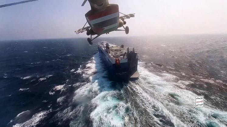 Images released by Yemen s Houthi group on November 20 show Houthi militants as they Hijack a cargo ship near Yemen in the southern Red Sea on Sunday. Houthi spokesperson says the group s fighters have hijacked the ship, reportedly owned by an Israeli businessman.  POY2023NF170 HouthixGroupxpressxService