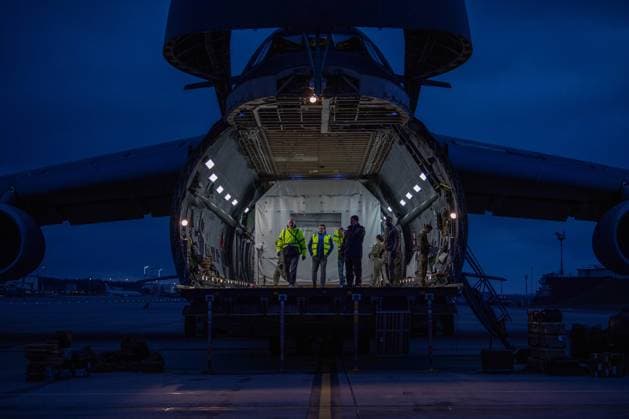 November 16, 2023 - Ramstein Air Base, Rheinland-Pfalz, Germany - Airmen assigned to the 721st Aerial Port Squadron and Travis Air Force Base, California, load satellites onto a Lockheed C-5 Galaxy aircraft at Ramstein Air Base, Germany, November. 16, 2023. These satellites are equipped with high-resolution radar systems, which will provide the U.S. military with worldwide information under all-weather conditions at any time. ( Senior Airman Jordan Lazaro) Ramstein Air Base Germany - ZUMAz03_ 20231116_shs_z03_906 Copyright: xU.S.xAirxForcex
