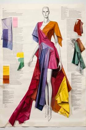 Generative AI illustration of mannequin displays a vibrant patchwork gown amidst fashion technical sheets and color swatches Model Released EduardoLopez_ID17675_534641_007 Copyright: xEduardoxLopezx RECORD DATE NOT STATED
