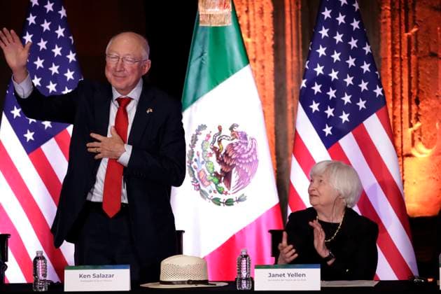 Janet Yellen, Secretary of the Treasury of the United States visits Mexico December 6, 2023, Mexico City, Mexico: United States Secretary of the Treasury, Janet Yellen with the US Ambassador, Ken Salazar during the presentation of the 200 commemorative coin years of Diplomatic Relations Mexico - United States in ceremony at the Interactive Museum of Economy in Mexico City. on December 6, 2023 in Mexico City, Mexico (Photo by Luis Barron Eyepix Group). Copyright: xLuisxBarronx xEyepixxGroupx LB_20231206-13